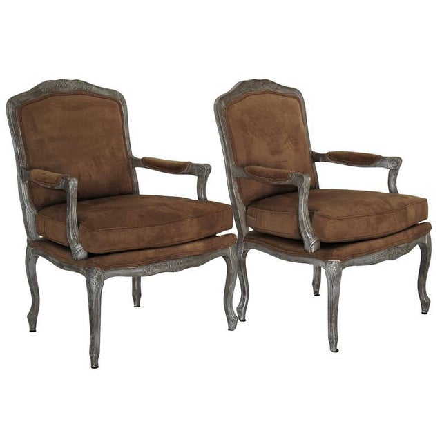 Rococo Ralph Lauren Silver Fauteuils Chairs With Brown Suede - a Pair For Sale - Image 3 of 5