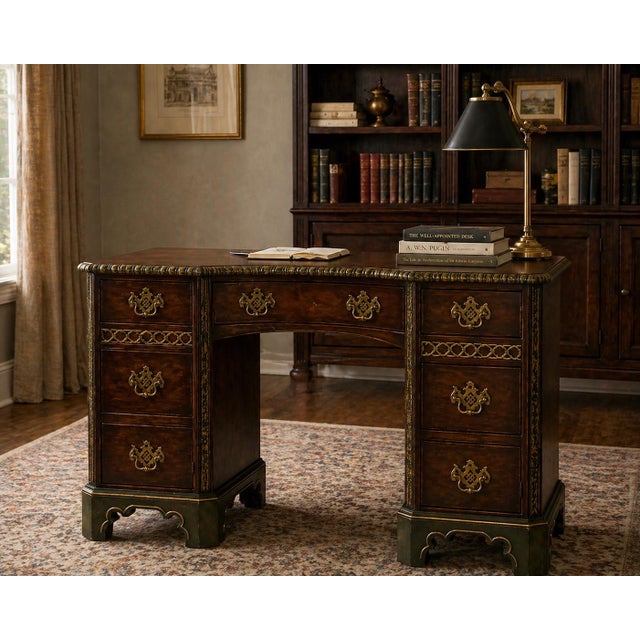 Emerald Vintage Baker Double Pedestal Desk — Emerald & Gilt Accents, 48” Walnut Writing Desk For Sale - Image 8 of 10