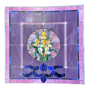 Antique Stain Leaded Floral Glass Window Church