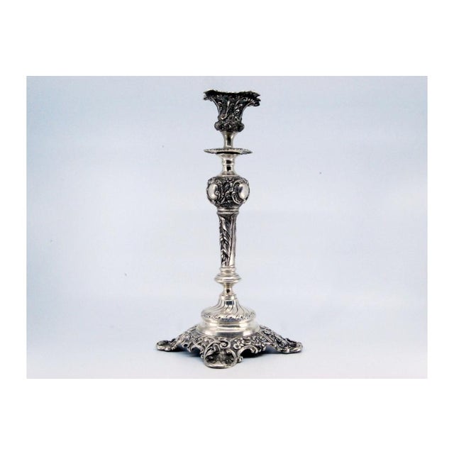 Embossed Silver Candlestick with Square Base and Cut-Out Supports For Sale - Image 11 of 11