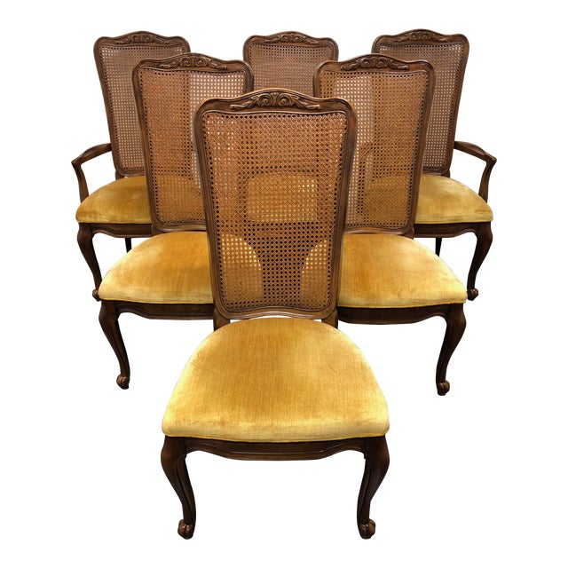 French Country Walnut Caned Dining Chairs by White of Mebane Set of 6