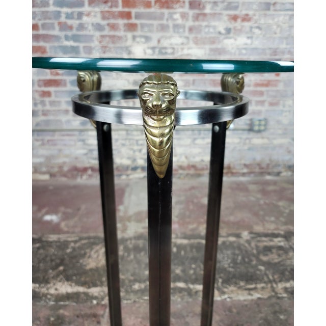 American Pedestal Polished Stainless Steel Frame with 3 Brass Lion Heads & Glass Top For Sale - Image 3 of 9