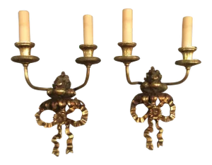 Gilt Bronze Fruit & Bow Wall Sconces - a Pair