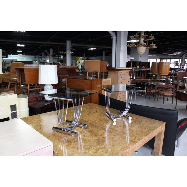 Pair of Italian Chrome U Shape Bases Glass Square Top End Side Tables Stands MINT!