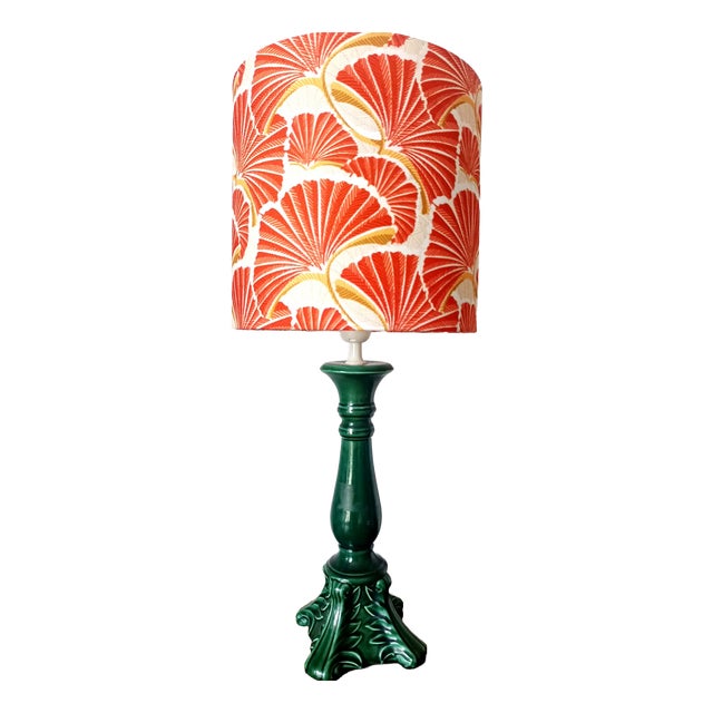 Vintage Green Ceramic Lamp and Custom-Made Lampshade, 1950s For Sale