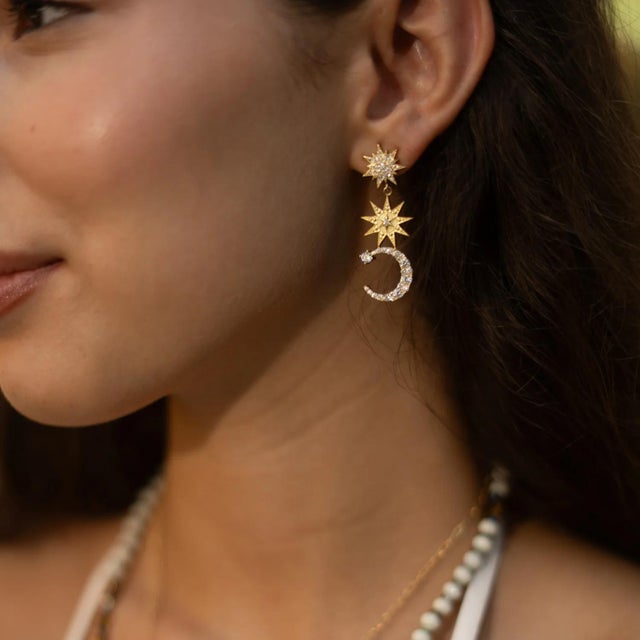 Starlit Moonlight Gold Dangle Earrings, A Pair For Sale - Image 4 of 6