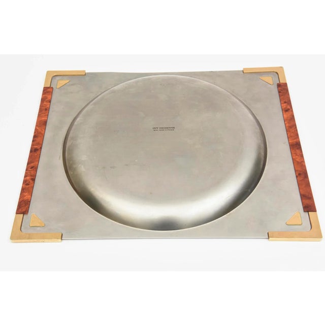 Guy Degrenne French Burled Wood, Gold Plated Brass and Stainless Steel Square Tray For Sale - Image 10 of 11
