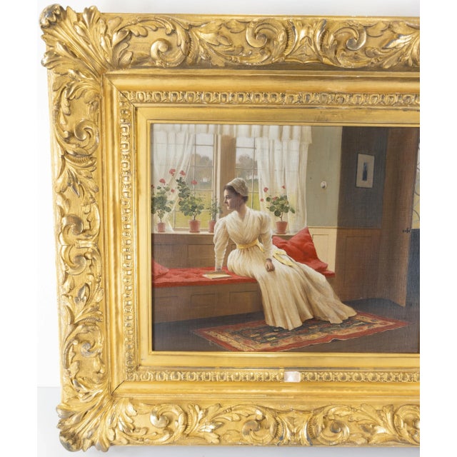 We are offering this fine 19th Century oil on canvas painting. This painting features a well dressed Lady in white gown in...