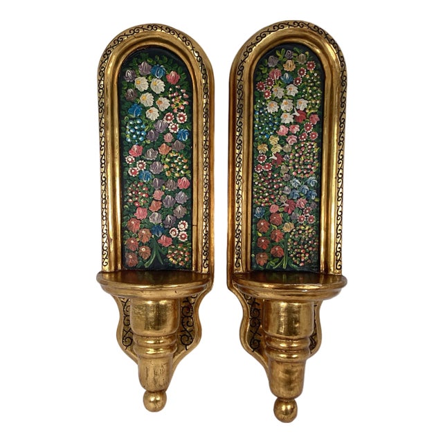 Pair of Vintage Mexican Hand Painted Folk Art Wall Shelves Santos Figures Floral Gilt Shelf For Sale