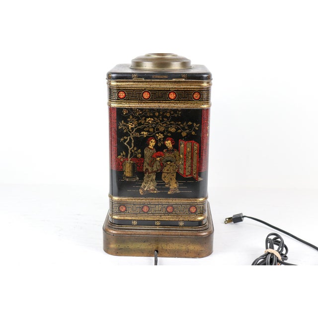 Vintage Chinoiserie Tea Canister Lamp, 17” Black Painted Toleware Table Lamp For Sale In Kansas City - Image 6 of 11
