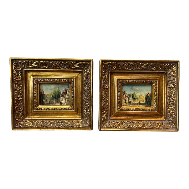 Pair of Vintage European Street Scene Oil Paintings on Board – Miniature Impressionist Art in Ornate Gilt Frames For Sale