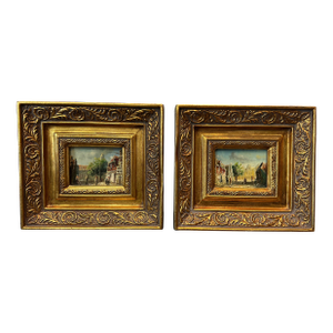 Pair of Vintage European Street Scene Oil Paintings on Board – Miniature Impressionist Art in Ornate Gilt Frames