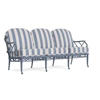Brown Jordan Calcutta Sofa in Sapphire with Sapphire Stripe and Sea Salt Welt Cushions For Sale