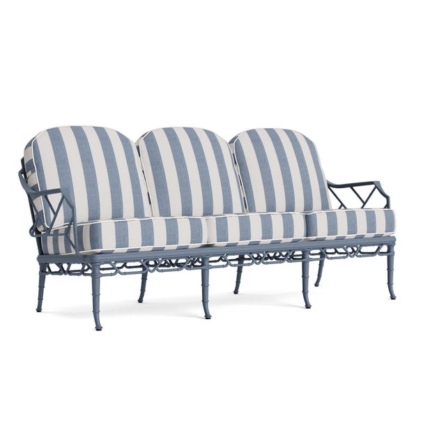 Brown Jordan Calcutta Sofa in Sapphire with Sapphire Stripe and Sea Salt Welt Cushions For Sale