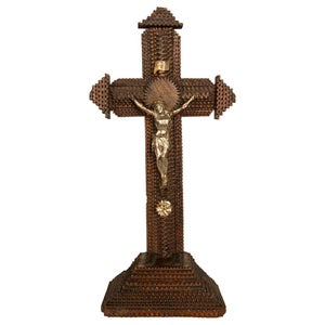 Antique American Tramp Art Carved Wood Crucifix John Zadora Pennsylvania 1900