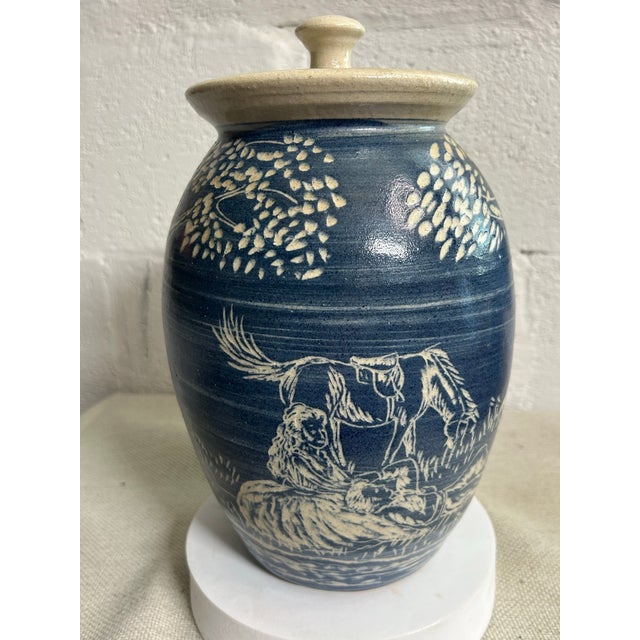 1980s 1988 Turn & Burn Seagrove Nc Hand-Carved Blue Stoneware Covered Jar For Sale - Image 5 of 11
