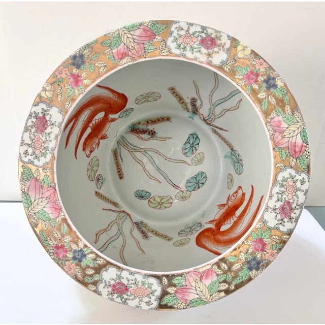 Large Vintage Chinese Famille Rose Style Gilded Porcelain Fishbowl Planter For Sale - Image 9 of 12