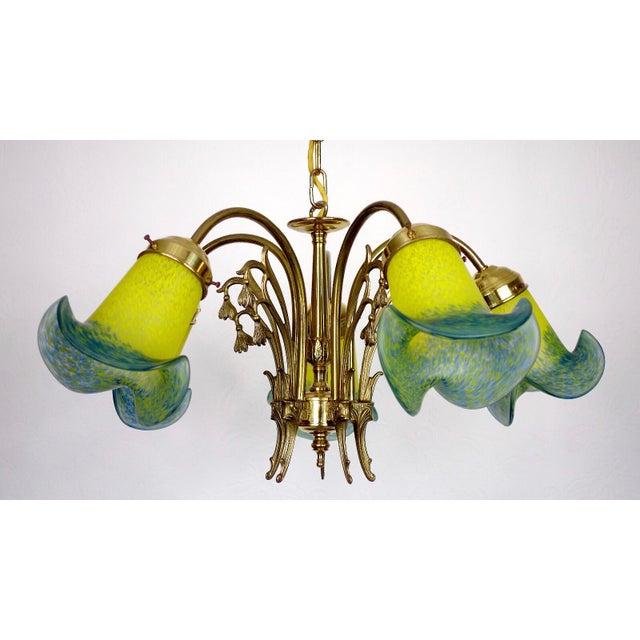 French Brass Pate De Verre Glass Five Light Chandelier, 1950s For Sale - Image 4 of 11
