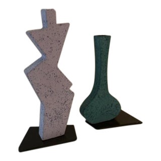 Set of 2 1960s Colorful Candlestyicks/Vase Numbered For Sale