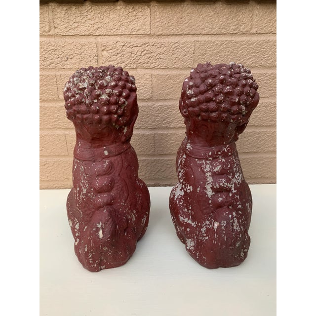 Red Antique Chinoiserie Cast Stone Foo Dogs With Timeworn Painted Finish, Pair For Sale - Image 8 of 9