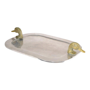 1980s Post Modern Arthur Court Style Pewter Serving Tray Brass Duck Head Handles