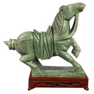 Chinese Jade Horse Sculpture on Wooden Base, 20th Century For Sale