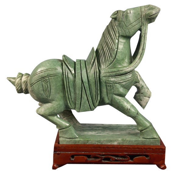 Chinese Jade Horse Sculpture on Wooden Base, 20th Century For Sale