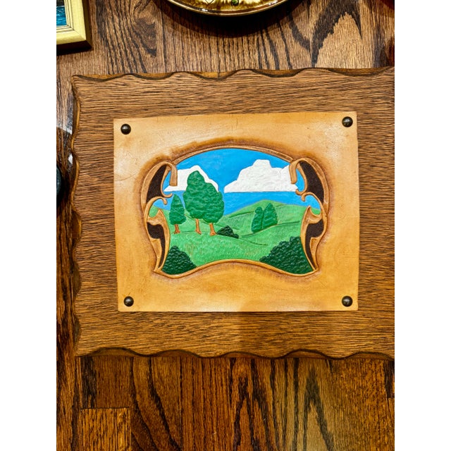 1970s Hand Tooled Leather Landscape Wall Art in Carved Wood Frame For Sale In Portland, OR - Image 6 of 7