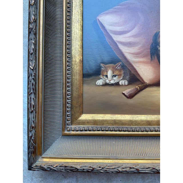 Antique French Oil on Canvas Pekingese Dog With Two Kittens in Gilt Frame Signed Montes For Sale In Houston - Image 6 of 10