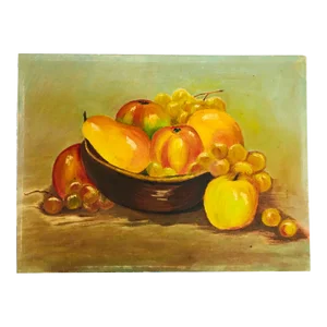 1960s Original Bowl of Fruit Still Life Oil Painting on Board