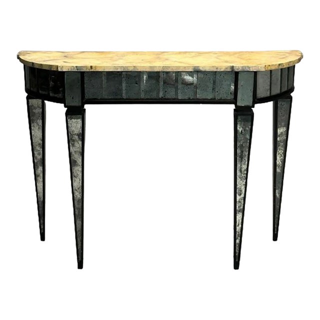 Maison Jansen Style, Directoire, Demilune Console Table, Distressed Mirror For Sale