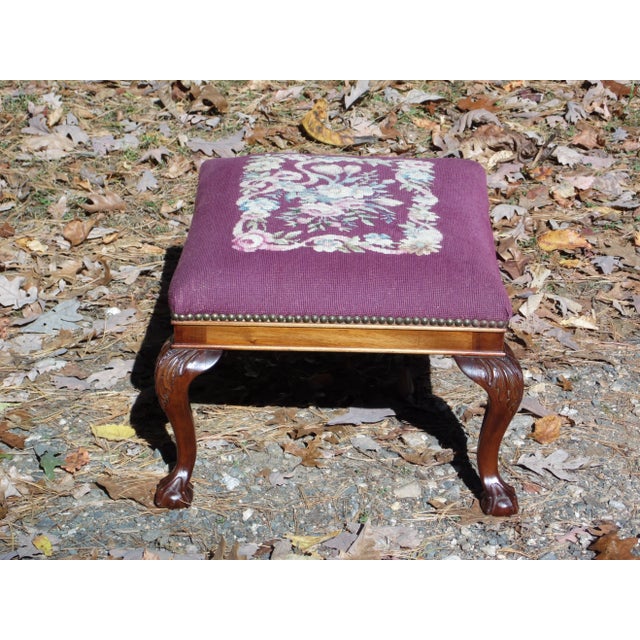 Vintage Solid Mahogany Floral Burgundy Needlepoint Footstool Queen Anne Ottoman For Sale In Boston - Image 6 of 10