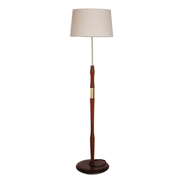 Vintage Scandinavian Floor Lamp in Wood and Gilded Brass with Beige Lampshade, 1960s For Sale