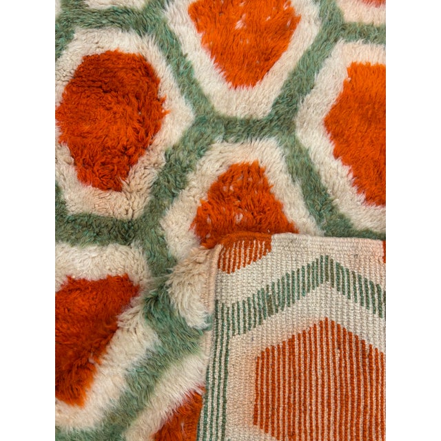 Handwoven Moroccan Mrirt Wool Rug, Orange & Sage Green Honeycomb Berber Carpet, Organic Modern Area Rug, 87" X 118" For Sale - Image 10 of 11
