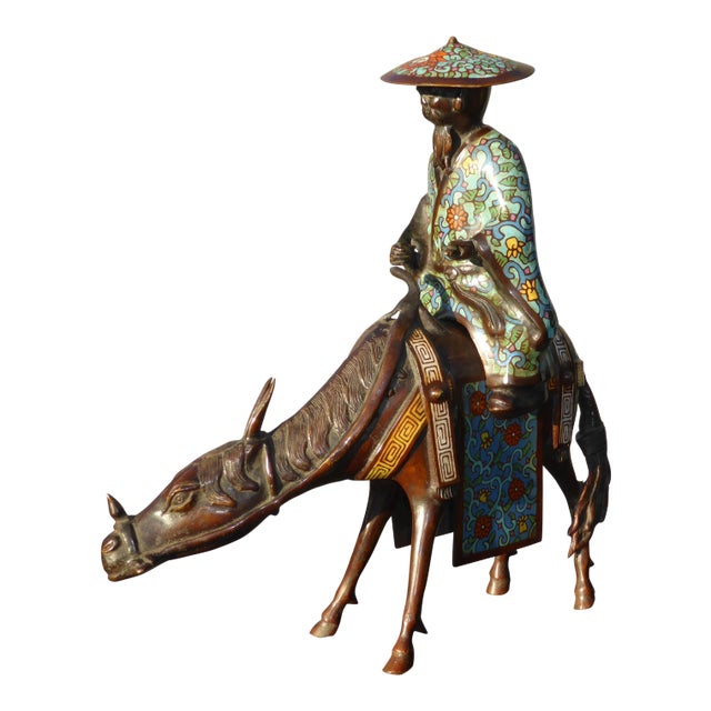 Vintage Asian Bronze Cloisonne Man on a Mule Statue Figuerine For Sale