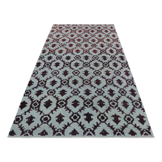 1960s Vintage Zeki Müren Rug in Blue With Burgundy Floral Trellis | Rug & Kilim For Sale - Image 5 of 7