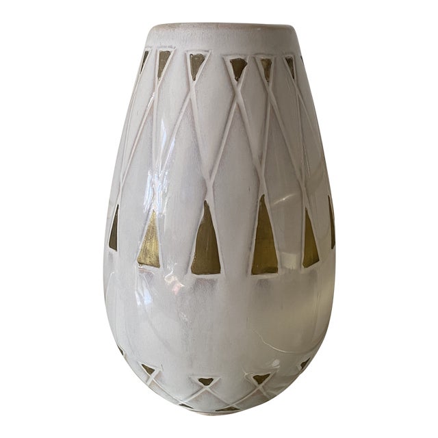 West Elm White Ceramic Vase With Gold Accents Chairish