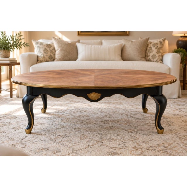 Mid-Century French Provincial Oval Coffee Table With Radial Walnut Veneer, Satin Canyon Black & Hand-Gilded Gold For Sale - Image 4 of 5