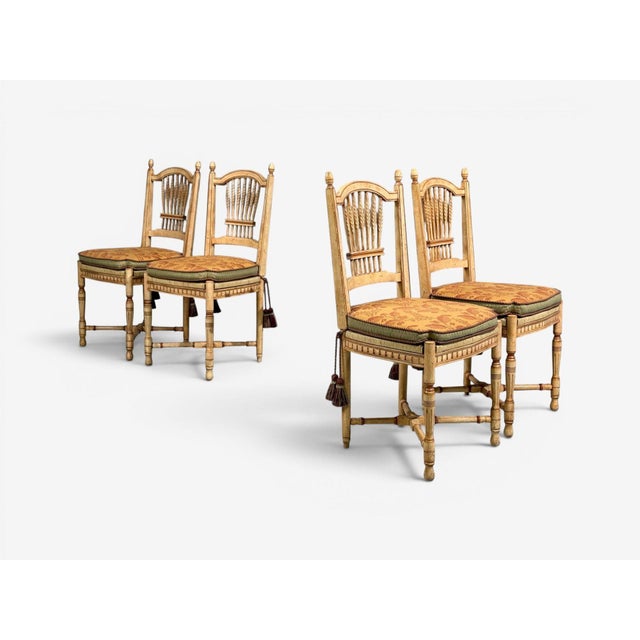Regency, Four Dining or Side Chairs, Painted Wood, Straw, Fabric, USA, 1940s Set of four painted wood traditional dining...