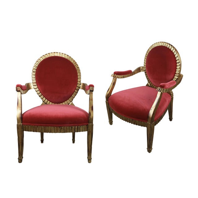 French Pair of Vintage French Louis XVI Style Giltwood Carved Armchairs For Sale - Image 3 of 11