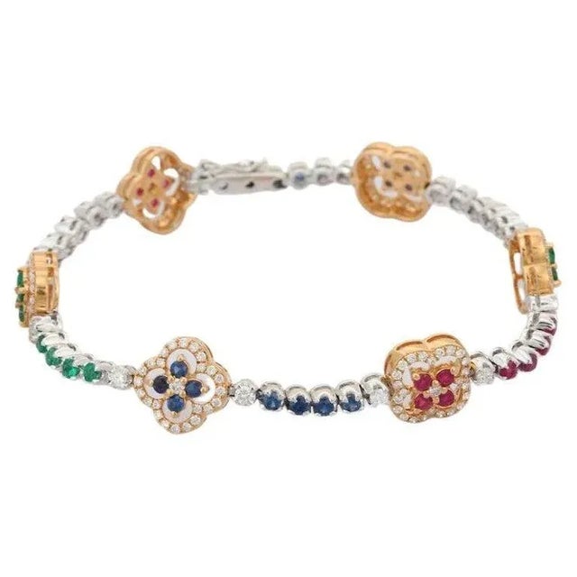 18k Yellow Gold Diamond Ruby Sapphire Emerald Clover Bracelet For Sale - Image 10 of 10