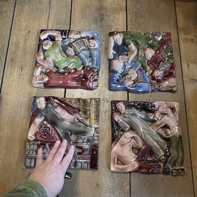 Complete series of 4 ceramic sculptures (bas relief) by rené boschmans, circa 1950, with constructivist motifs based on...