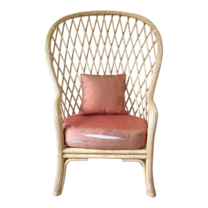Large Vintage Leather Wrapped White Wash Rattan Peacock Fan Chair With Cane Seat