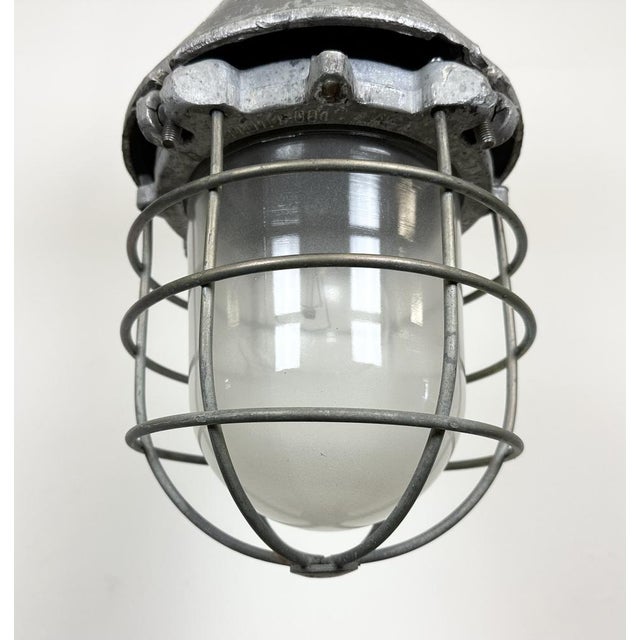 1960s Large Industrial Cast Aluminium Cage Pendant Light from Polam Wilkasy, 1960s For Sale - Image 5 of 15