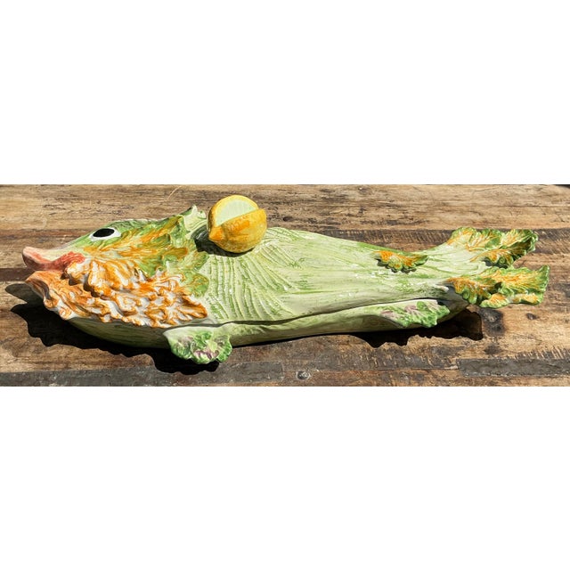 Bright Green Vintage Italian Glazed Ceramic Fish Tureen For Sale - Image 8 of 12