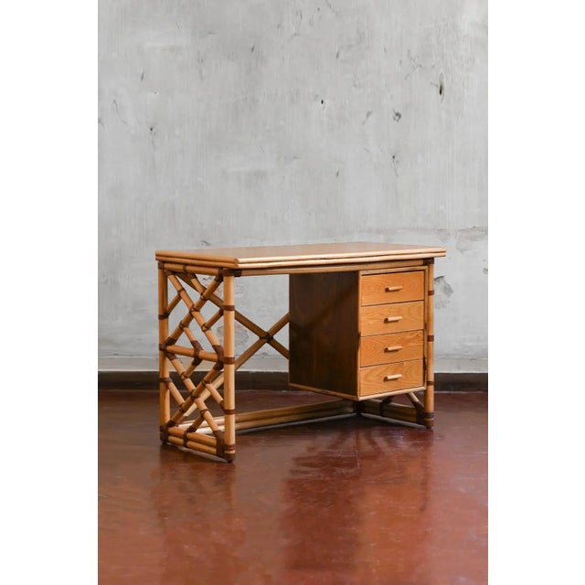 Reed Desk with Wooden Shelf, Drawers and Leather Bindings, 1970s For Sale - Image 9 of 9