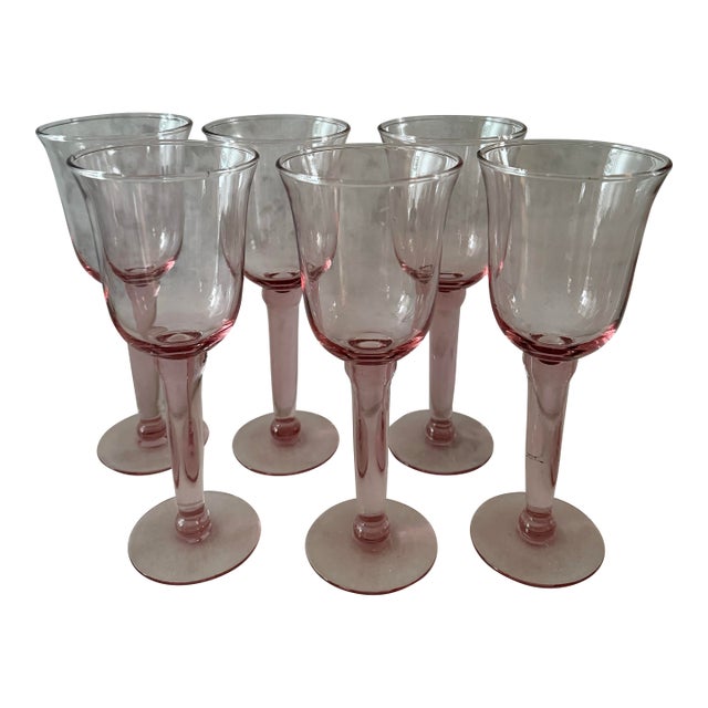 Set of 6 Vintage Pink Hand Blown Wine Goblets For Sale