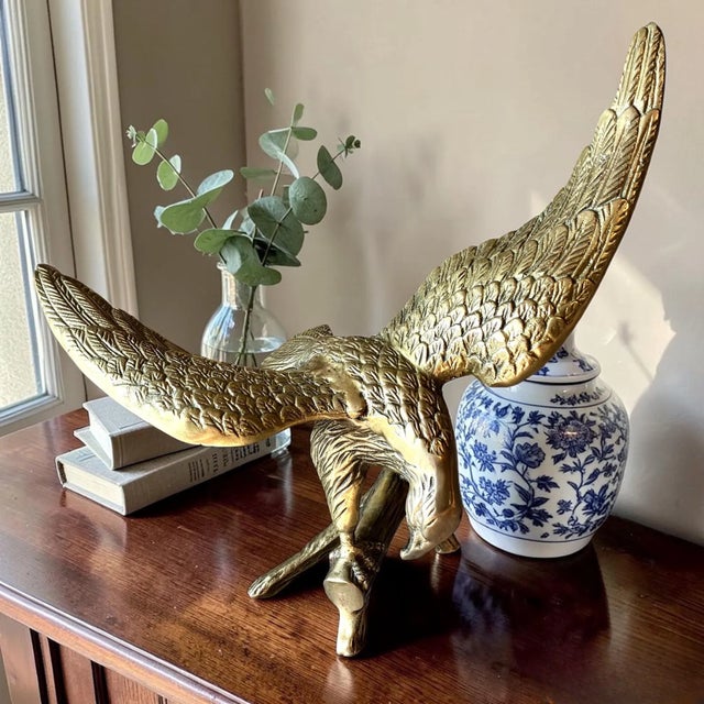 Vintage Solid Brass Eagle | Mid-Century Brass Bird Figurine | 12" Wingspan | Hollywood Regency Decor | Traditional Office Shelf Accent For Sale In Raleigh - Image 6 of 8