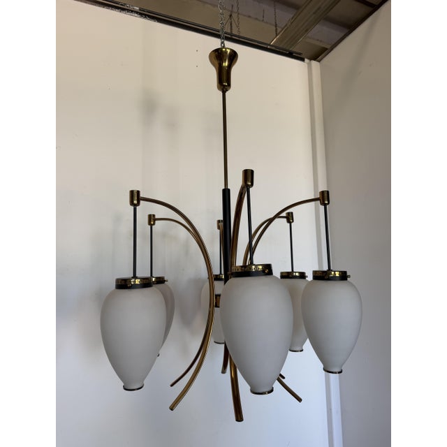 Black Six-Light Chandelier with White Opaline Diffusers by Bruno Gatta for Stilnovo, 1950 For Sale - Image 8 of 12