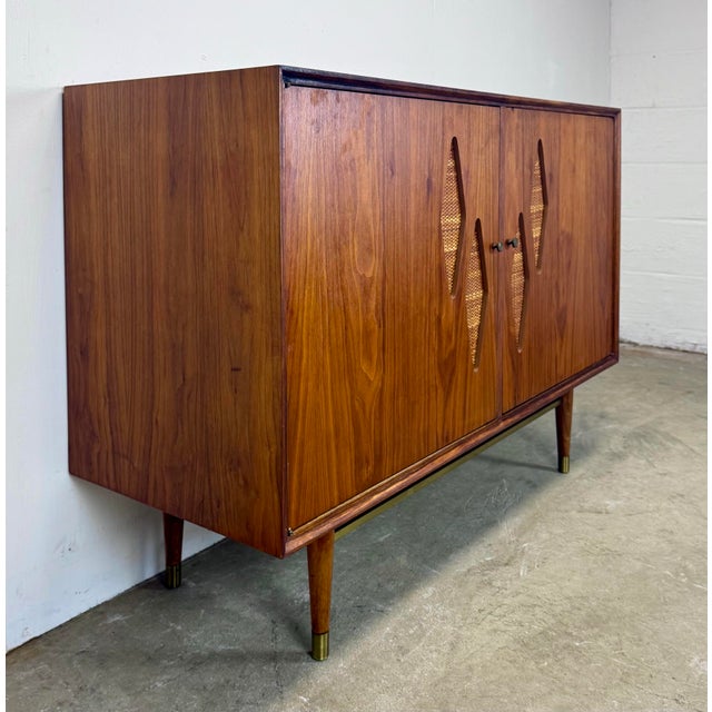 Mid Century Modern Walnut, Cane & Brass Credenza / Media Stereo Cabinet Restored For Sale - Image 12 of 12